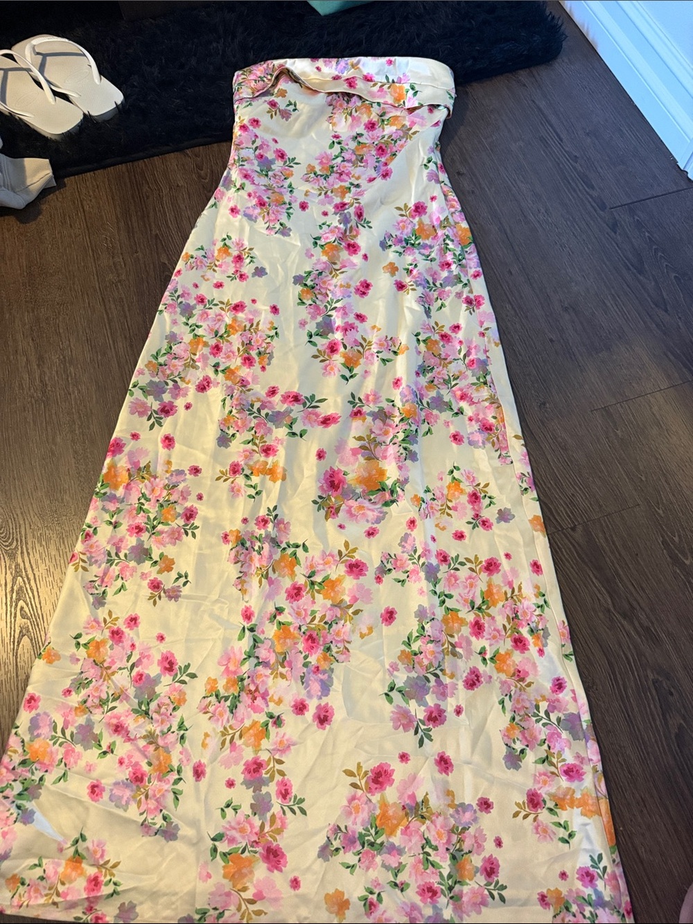 Beginning Boutique Cream Strapless Maxi Dress with Pink & Orange Floral Print